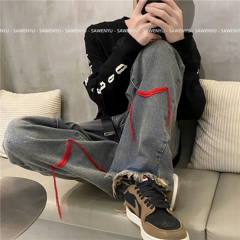 Blue Embroidered Jeans Men Fashion Retro Baggy Wide Leg Jeans Men Streetwear Loose Hip Hop Straight Denim Pants Mens Trousers