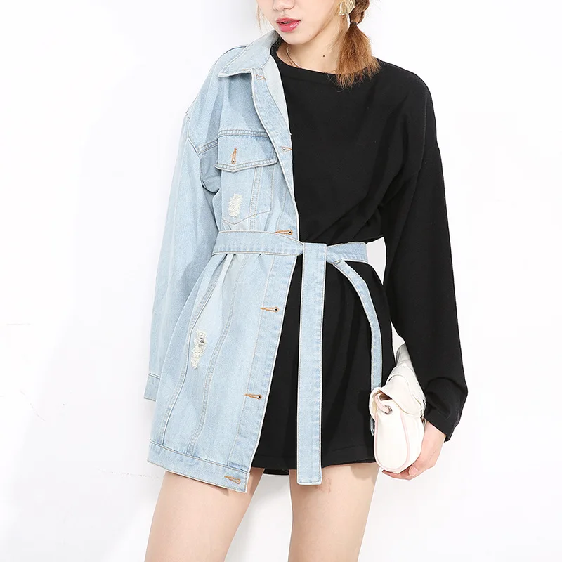 

Echoine Long Sleeve Denim Shirt Dress Patchwork Irregular Hoodies Casual Fashion Sexy Streetwear Club Outfits Vestidos with Belt