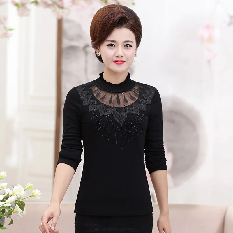 

Turtleneck Autumn Winter Bottoming Shirt Women Middle Aged Long Sleeve Lace Plus Velvet Thicken Pullover Tops Mother Loaded