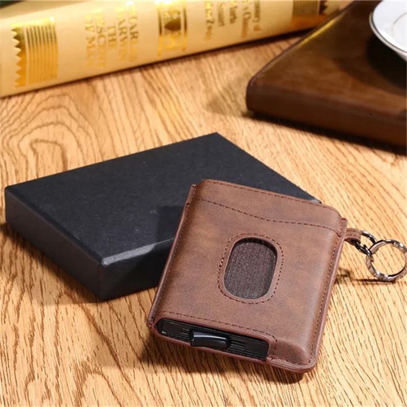 PU Brown With Box Bisi Goro RFID Блокировка кредитный держатель для карт Anit-theft кошелек карта для мужчин и женщин автоматический всплывающий Чехол для карт кожаный держатель для ID - Цвет: PU Brown With Box