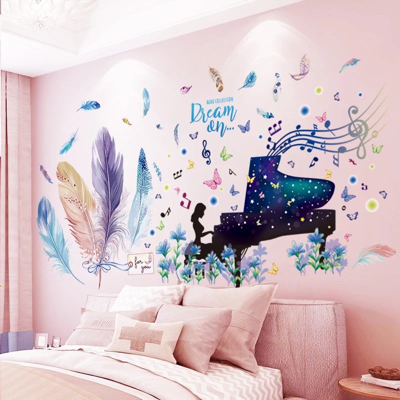 

[SHIJUEHEZI] Cartoon Girl Wall Stickers DIY Colorful Feathers Mural Decals for Kids Bedroom Baby Room Nursery Decoration