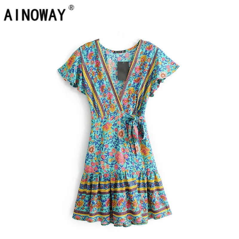 Винтажное шикарное женское платье Хиппи с цветочным принтом и глубоким v