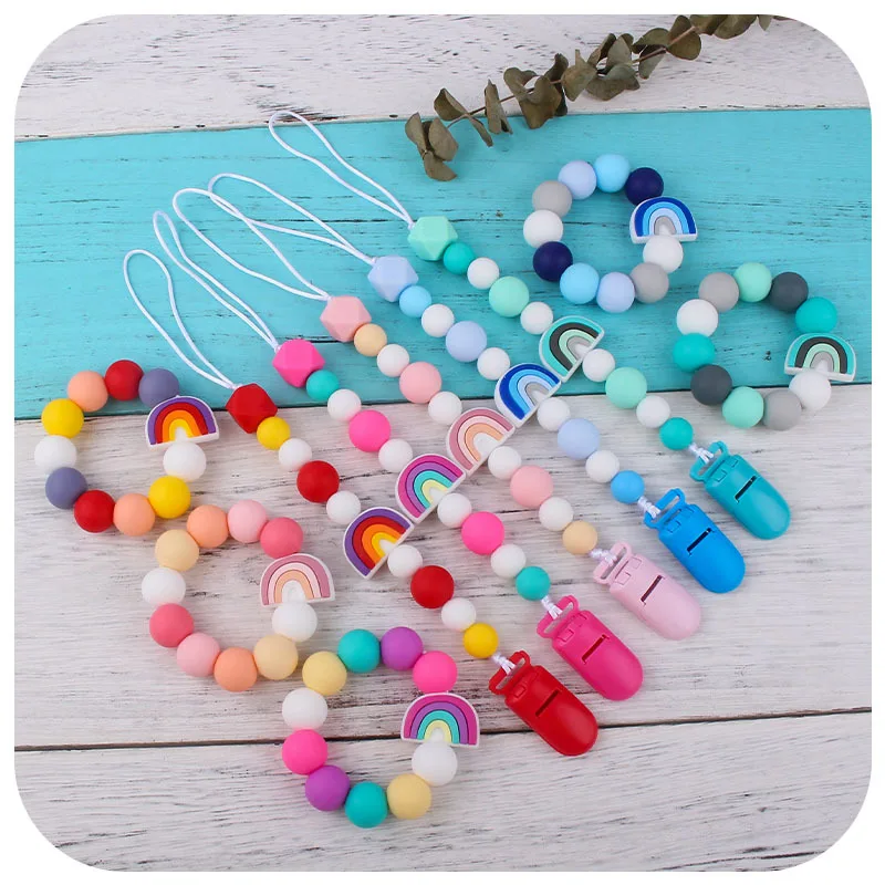 Baby Nipples Clips Silicone Wrist Teething Beads Newborn Baby Shower Gift Silicone Dummy Pacifier Holder Baby Pacifier Chain