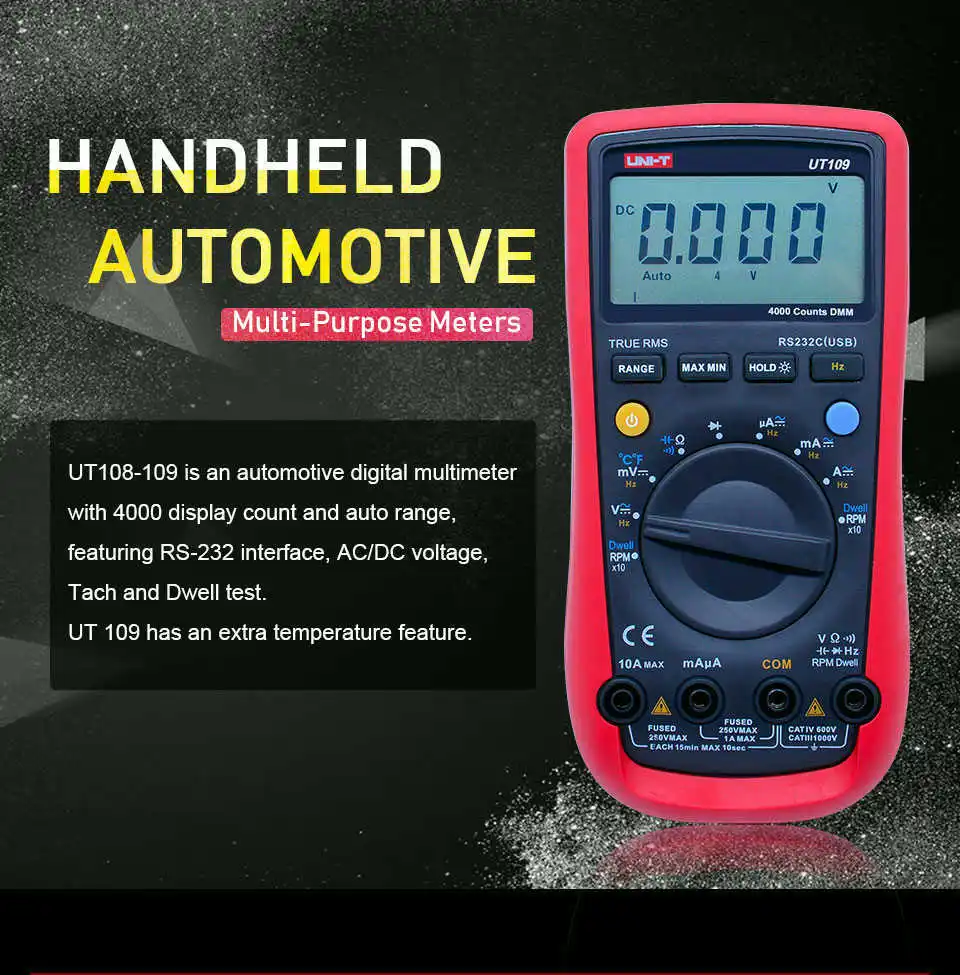 UNI-T UT108 UT109 Цифровой вольтметр профессиональный авто ранг мультиметр ACDC Вольтметр постоянного тока Амперметр Сопротивление Емкость Rs232