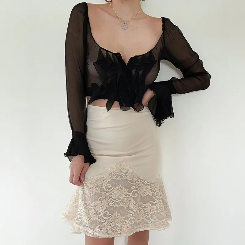 

Sexy Ladies Sheer Mesh Perspective Blouse Street Fashion Buttoned Ruffles Cardigan Women Solid Flare Sleeve U-neck Slim Tops