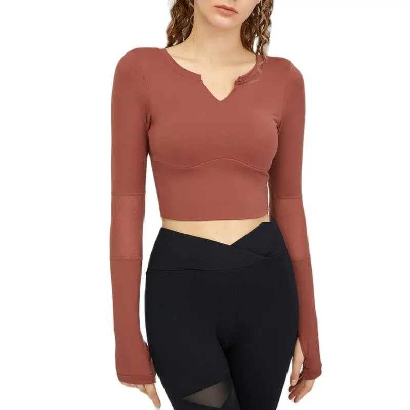

Women Gym Beauty Back Yoga Wear Long Sleeve Sports Tops with Chest Pad Tight Fit Professional Running Training T-shirt