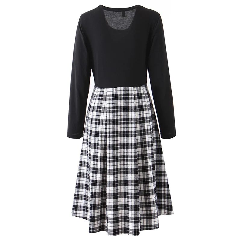 Женское винтажное клетчатое платье миди с высокой талией рукавом 3/4 и круглым
