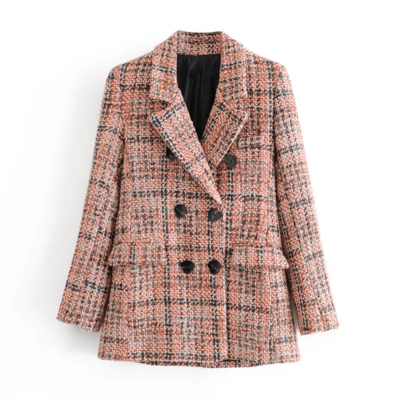 

Office Ladies Pocket Suit Blazer Plaid Women Tweed Blazer Coat Causal Long Sleeve Autumn Winter Female Coat