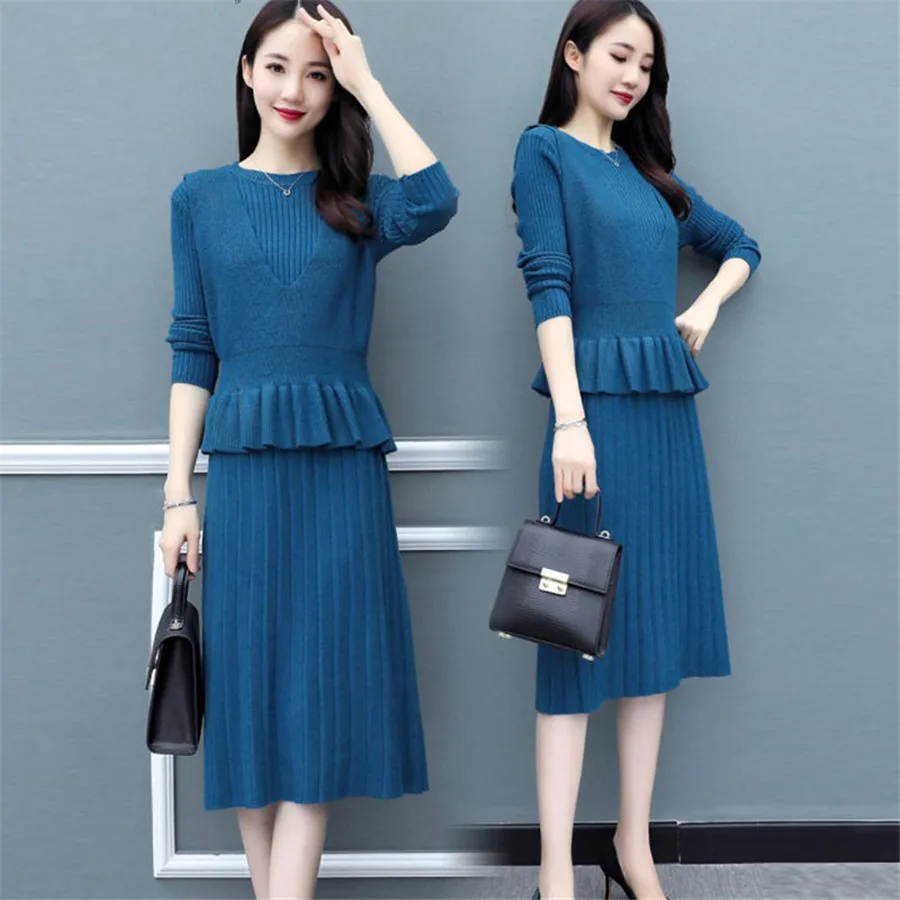 

New Fashion 2021 Autumn Winter Women Long Sweater Dress Pullovers Warm Knitted Pullover Dresses + Sweaters Vest Two Pieces Set