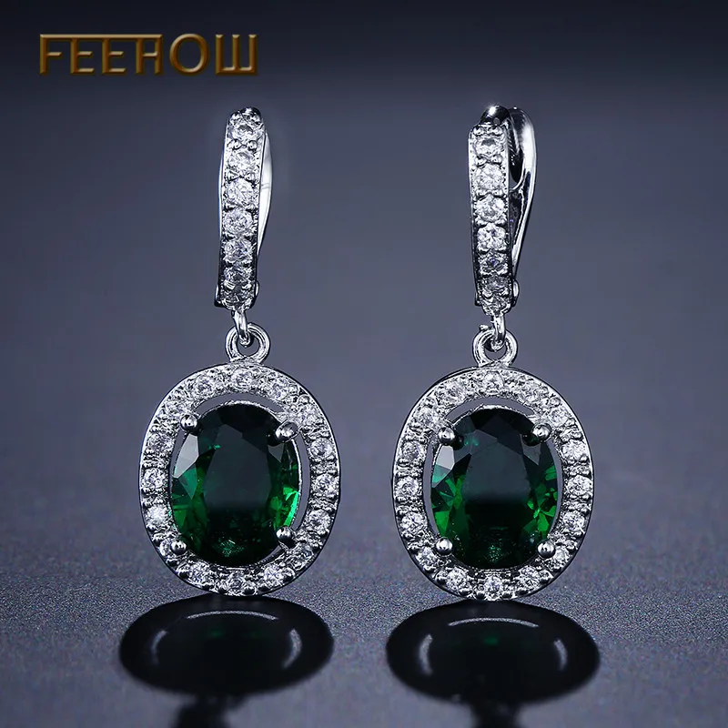 Женские сережки подвески FEEHOW белые в овальной форме с микро инкрустацией и