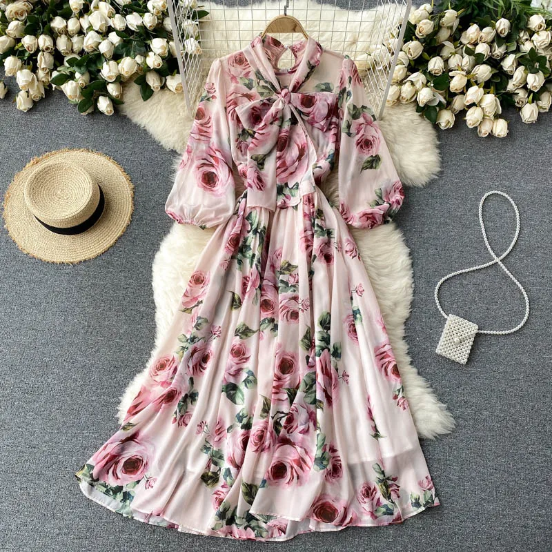 

New Spring Autumn Women's Sweet Ruffled Bow Tie Dresses High Quality Chiffon Elegant Floral Printed Dress Vestidos De Mujer