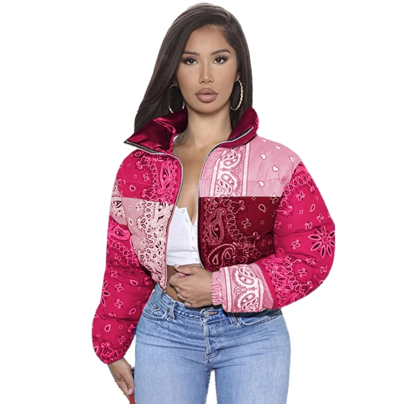 

Women Paisley Print Puffer Jacket Long Sleeve Stand Collar Zip Up Cropped Bubble Coat Color Block Oversized Parkas
