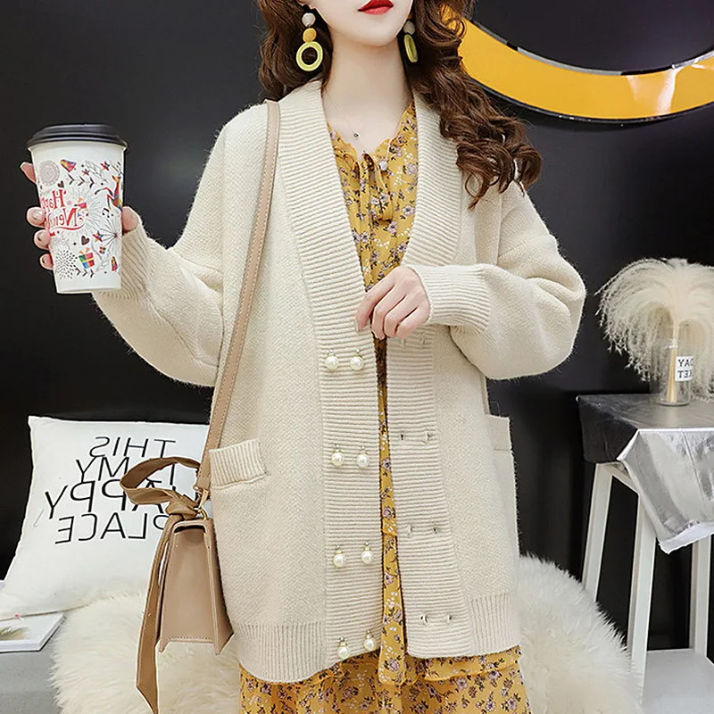 

2021 Sweater Women Autumn Winter V Neck Pearl Button Loose Sweaters Elegant Solid Double Breasted Cardigans Women