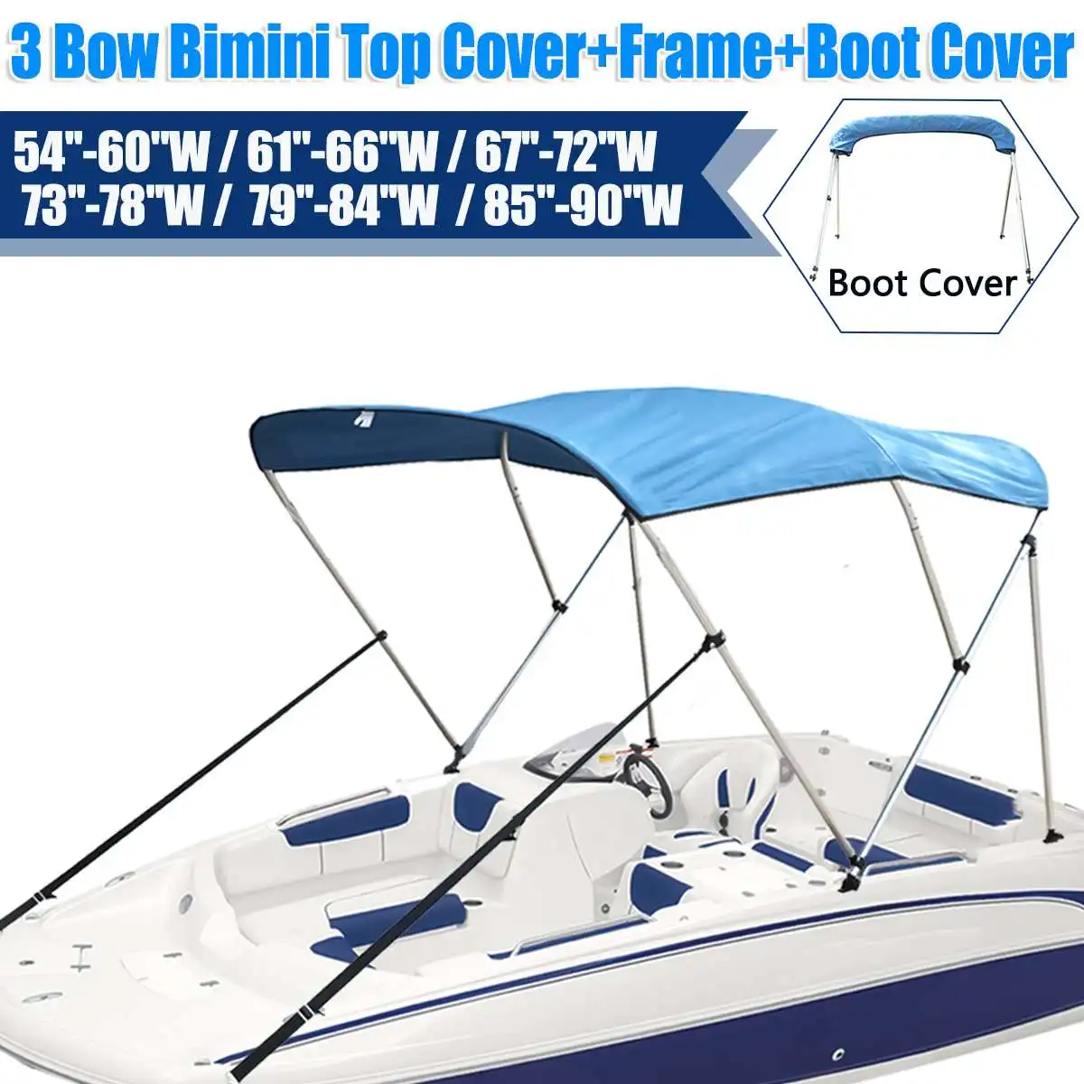 

600D 3 BOW Bimini Top Replacement Canvas Cover Boot Cover with Frame Waterproof Anti UV Sun Shade Heavy Duty Boat Cover