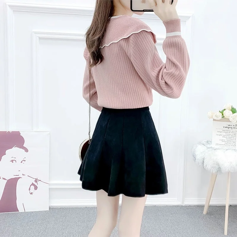 

Ruffled Sweater Women Contrast Color Stitching 2021 Autumn Winter Girl Round Neck Long Sleeve Sweet Slim Pullover White Sweaters