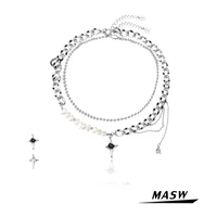 masw original design fashion chain necklace 2021 new trend two layer natural pearl zircon star pendant necklace women jewelry