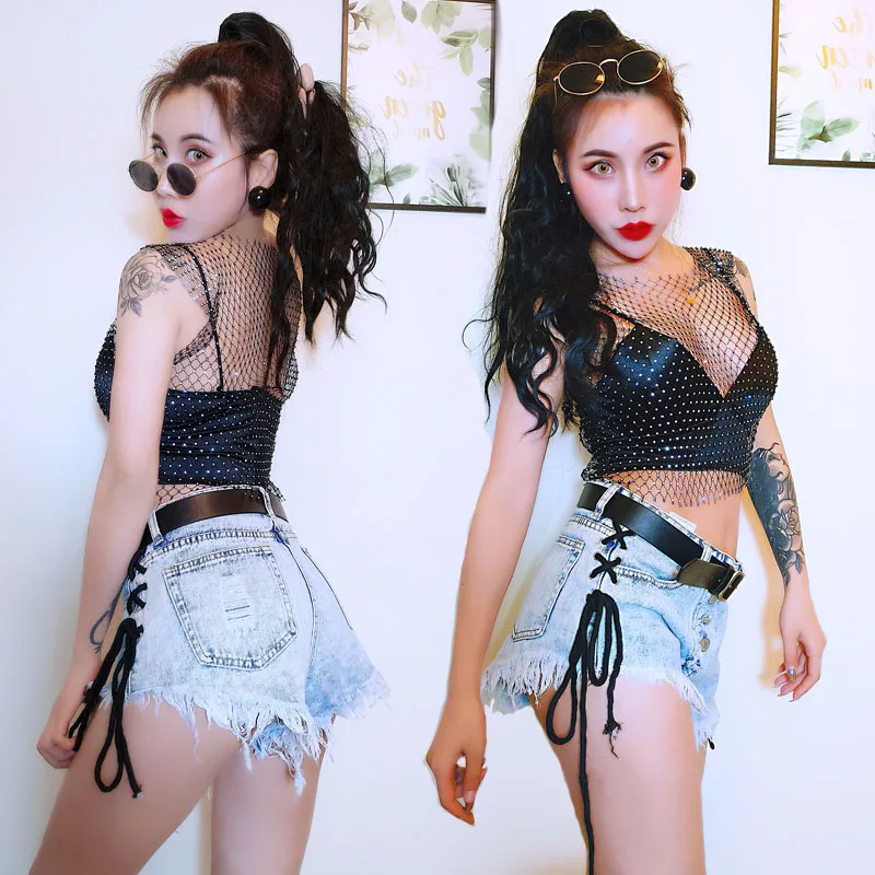 

Female Singer Jazz Dance Costume Nightclub DJ DS Stage Costume Hip Hop Dance Clothes Sexy Mesh Top Bikini Jeans Suit DWY3637