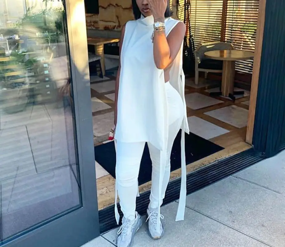 

New Sexy Sleeveless Tops+ Long Pants Set Elegant Woman Streetwear Casual Set Solid Black Gray Loose Tracksuit Outfit Set