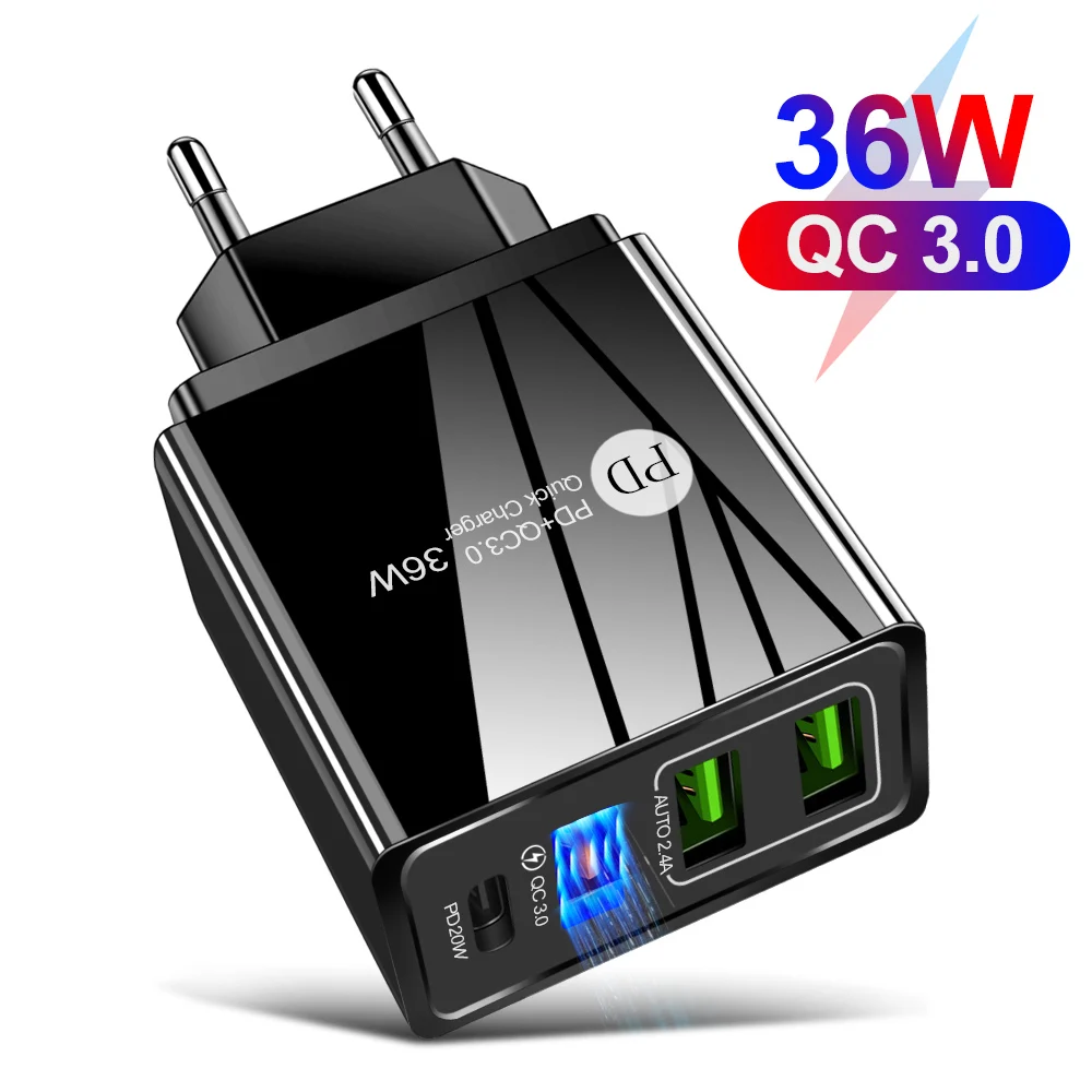EU/US/UK Plug USB Charger 20W PD Quick Charge 3.0 For iPhone 12 11 Type C 18W Fast Charger For Mobile Phone High Speed Charger 5v 3a usb c