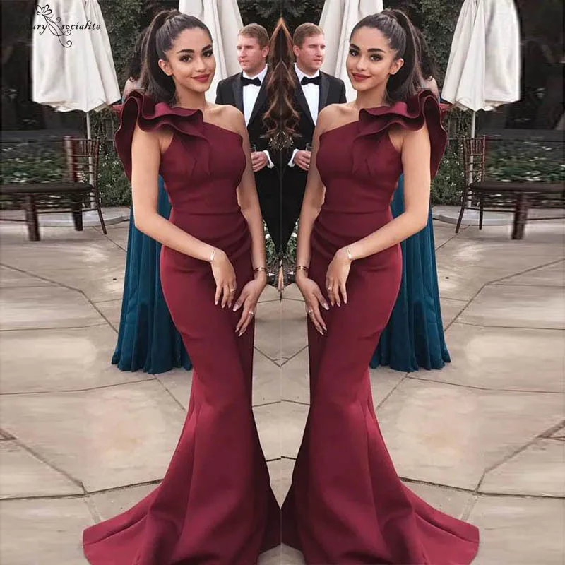 

Burgundy One-Shoulder Evening Dresses Mermaid Ruffle Sleeves Satin Formal Evening Gowns Prom Party Dresses Vestidos De Festa