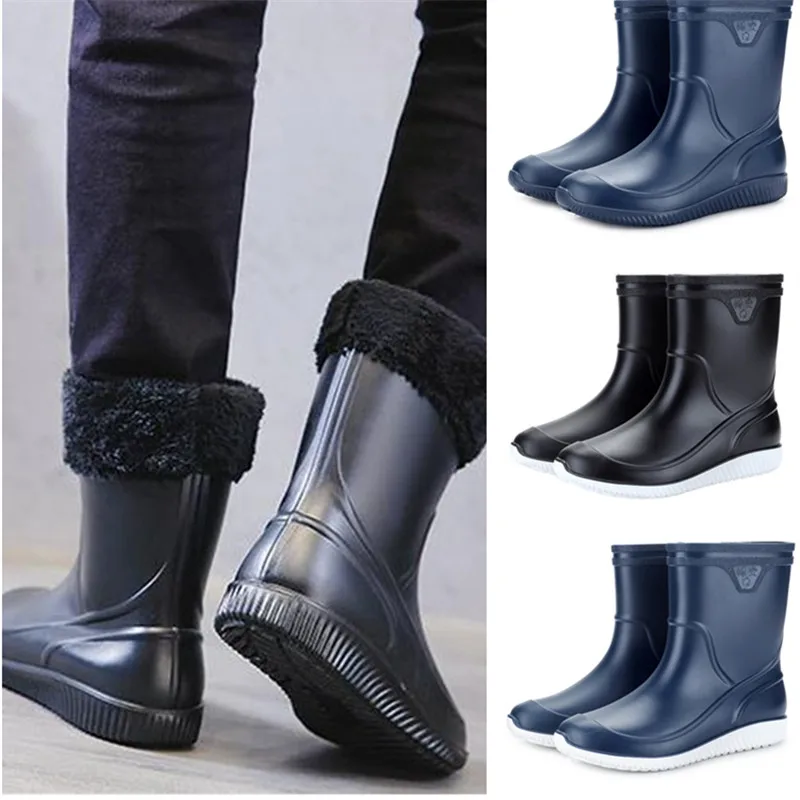 

High Quality Non-slip Waterproof Men's Rain Boots Thick PVC Material Students Rain Boots with Detachable Velvet Cotton Design