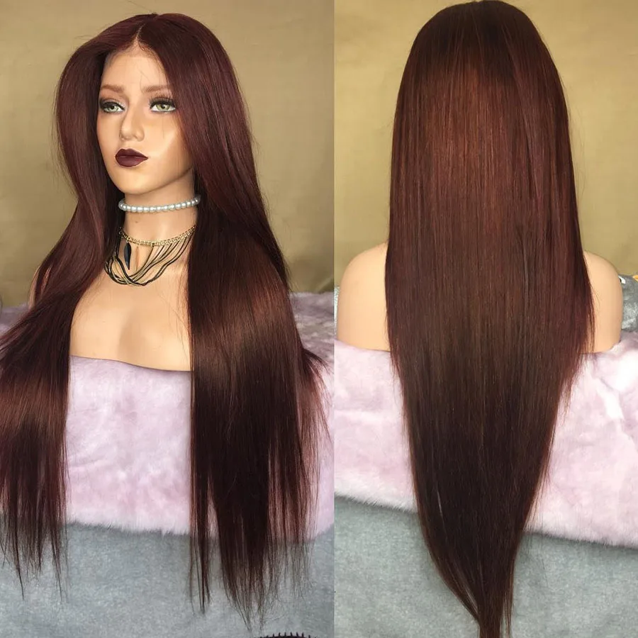 

Simbeauty Dark Reddish Brown Human Hair Wigs with Baby Hair Silky Straight Glueless 13x6 Deep Part Lace Front Wigs for Women