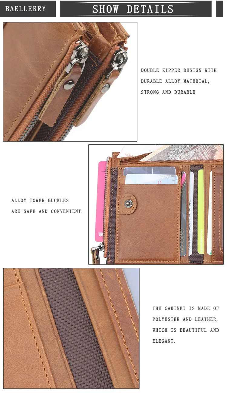 Baellerry Men Wallets Genuine Cow Leather Double Zipper Card Holder High Quality Male Purse Vintage Coin Holder Men Wallets