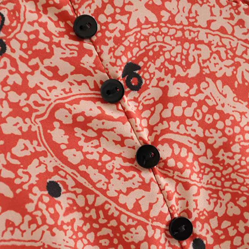 Vintage Elegant Ruffles Buttons Print Maxi Dress Women Fashion V Neck Short Sleeve Side Zipper Dresses Vestidos Mujer