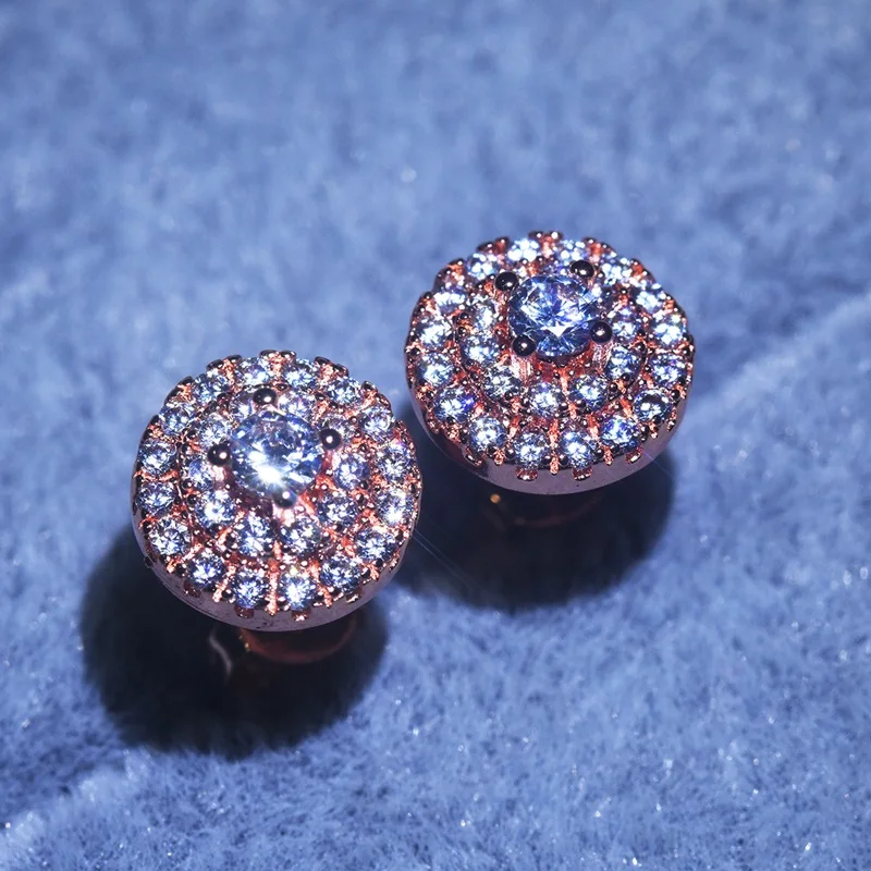 

OMHXZJ Wholesale EA613 European Fashion Woman Girl Party Birthday Wedding Gift Round Zircon 18KT Rose White Gold Stud Earrings