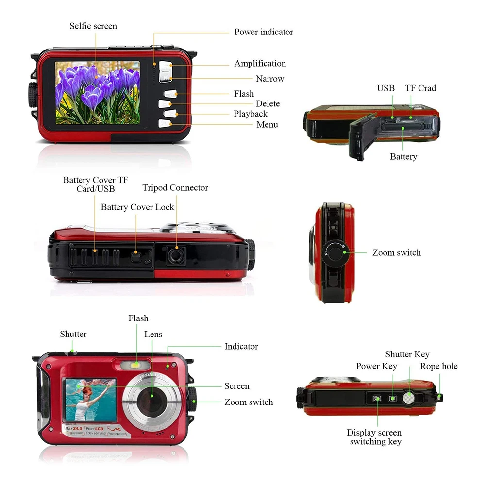 

Dual Screen Underwater Digital Camera Selfie Video Recorder Waterproof Anti-Shake 1080P Full HD 2.4MP TF Card 32GB 16X Zoom