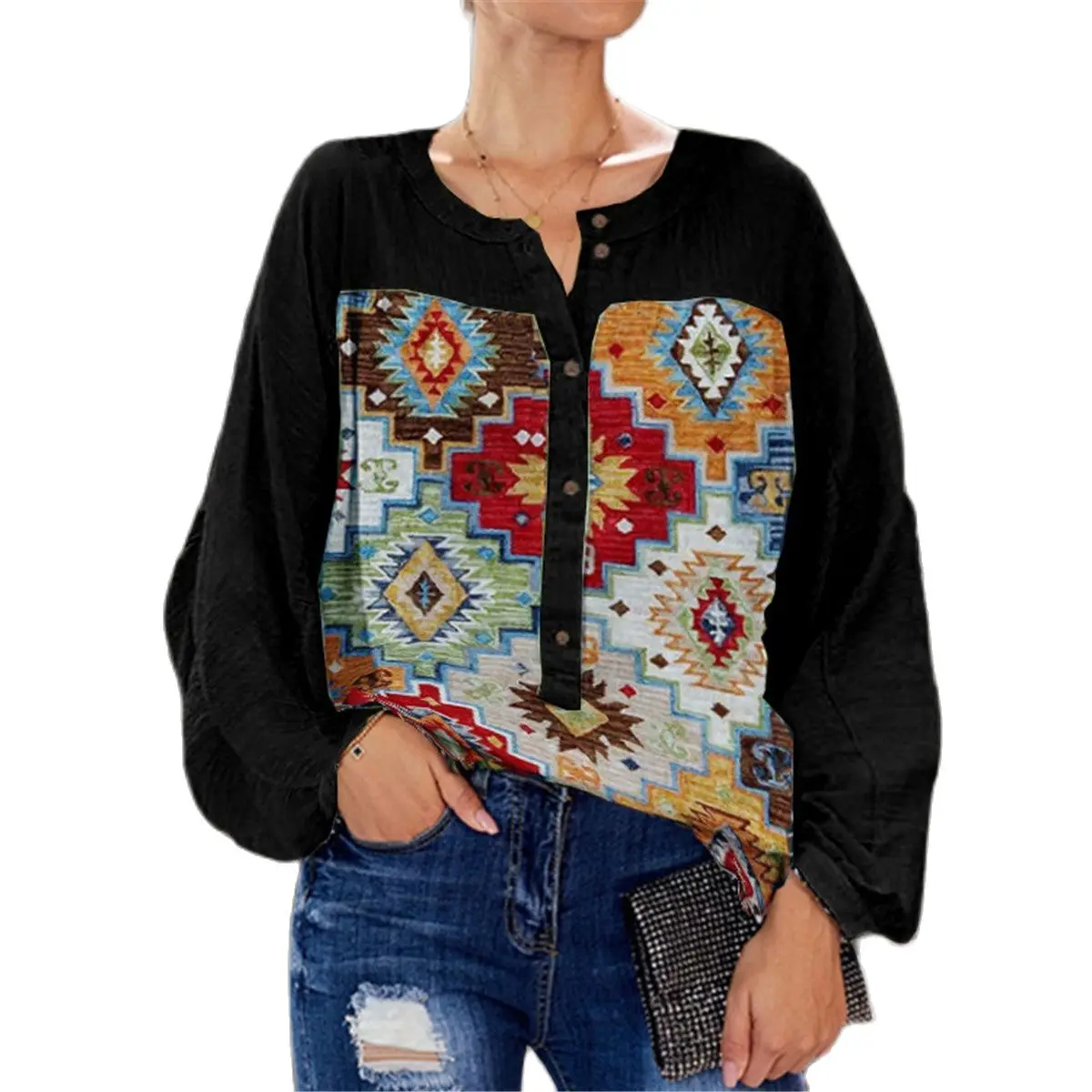 

Лидер продаж, рубашка с круглым вырезом и пуговицами, женская рубашка с длинным рукавом и ретро-принтом, топы для весны 2022, женская новая мод...