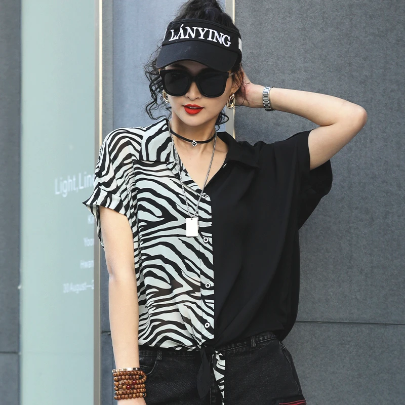 

SOUL OF TIGER British Luxury Style 2021 Female Striped Loose Shirts Women Printed Patchwork Blouses Ladies Casual Oversized Tops