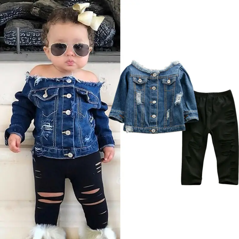 Джинсовый топ с открытыми плечами для маленьких девочек 1-6 лет + осенние брюки