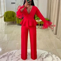 women red jumpsuits with ruffles long flare sleeve peplum christmas large size one piece party wear celebrate rompers overalls