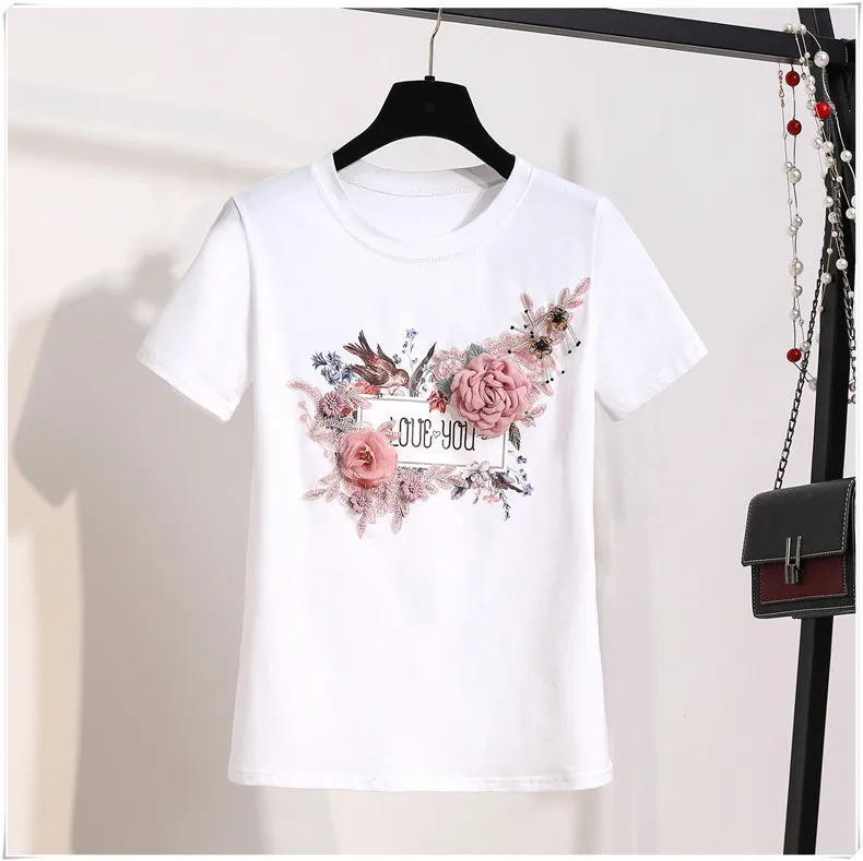 

Pearl Tshirt women Woman Summer top 3D Flower T Shirts Shirt Harajuku Tops plus size korean clothes kawaii camisas mujer