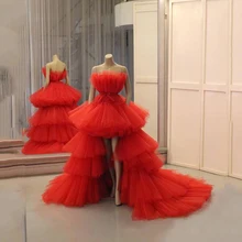 Red Fashion Charming Fluffy Party Dress Strapless Sleeveless Tulle Tiered Hi Lo Ball Gown Women Evening Prom Gowns Custom Made (4)