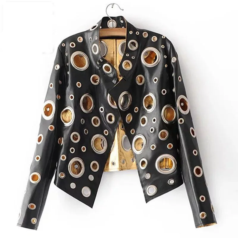 Женская куртка из искусственной кожи с круглым вырезом золотого черного