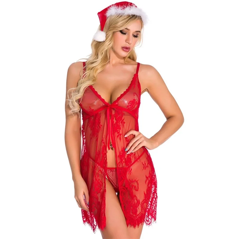 

Women's Sexy Lingerie Nightwear Lace Floral V-Neck Sleeveless See-Through Nightdress Panties Hat Ladies Erotic Costumes