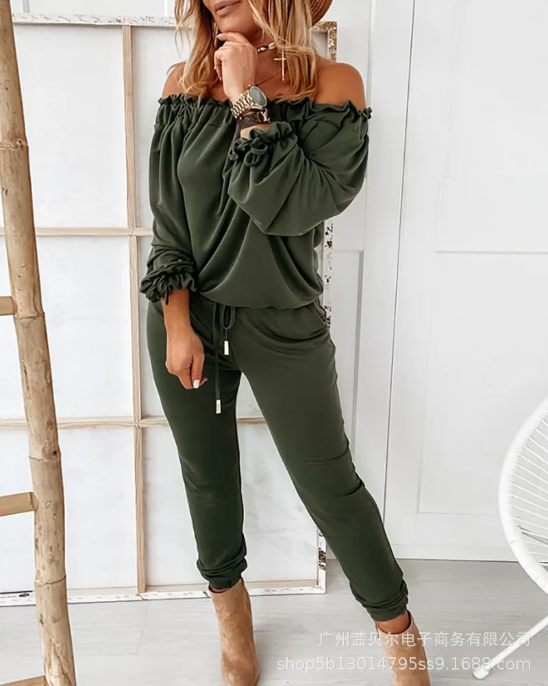 

Women Jumpsuit Solid Color One-shoulder Lace Pocket Sexy Casual Loose Long-sleeved Pleated Spring and Autumn Jumpsuit