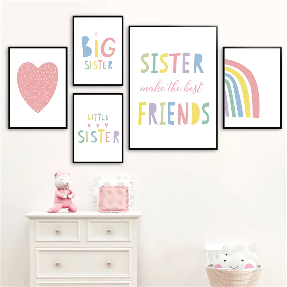 

Nordic Rainbow Wall Art Poster Pink Heart Print Big Little Sister Quotes Canvas Painting Abstract Pictures Baby Kids Room Decor