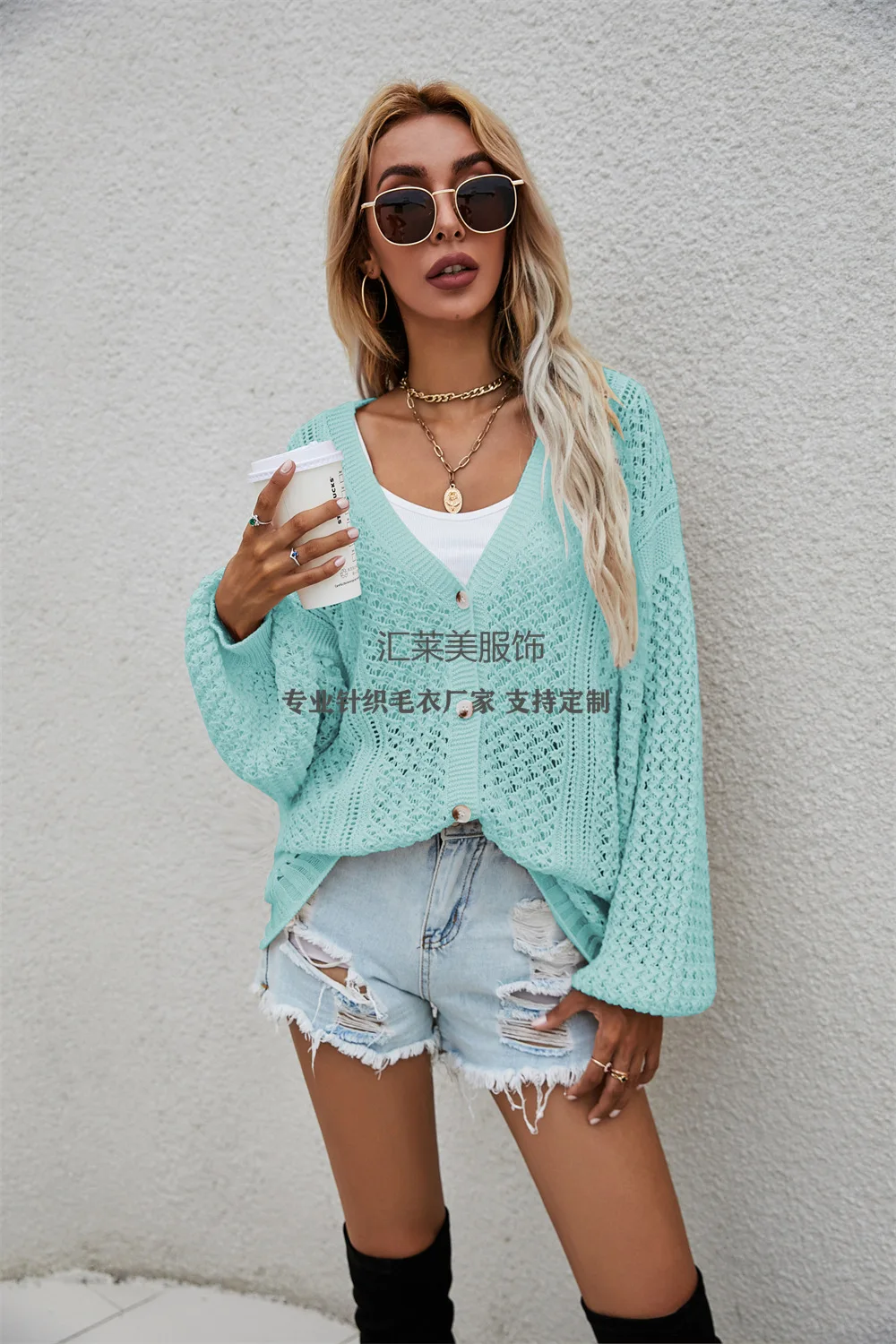 

2021 Autumn Large Size Women 'S Clothing Hollow Personality V-neck Fashion Loose Cardigan Button Sweater Sweater For Women