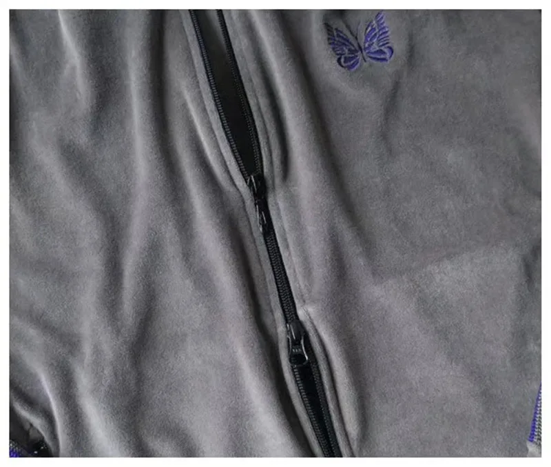 

2020 Velvet Ribbon Striped AWGE Needles Jacket Men Women Gray Butterfly Embroidery Jackets