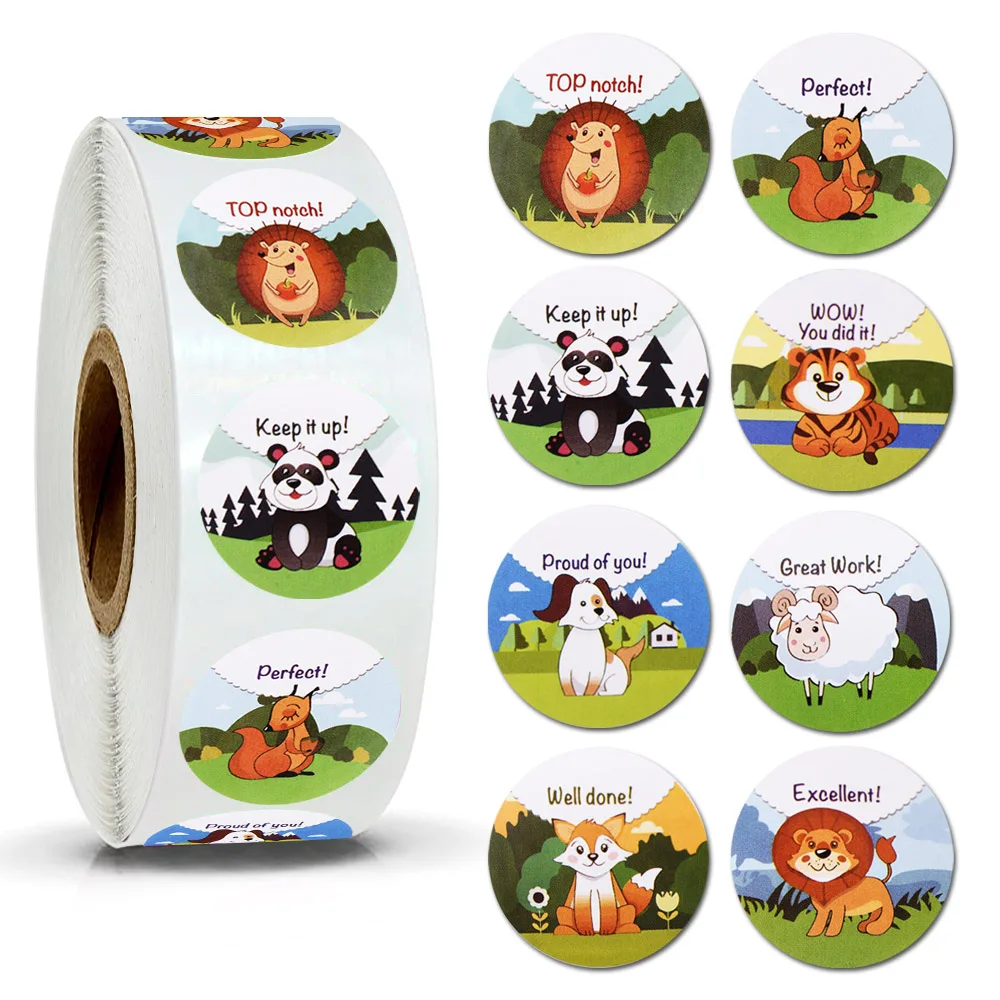 1 Zoll Gesichtsaufkleber für Kinder 500 Stück/Rolle Belohnungsaufkleber 'WOW! „You DID IT' Encourage“-Etiketten, Motivationsaufkleber mit niedlichen Tieren – Detail 1