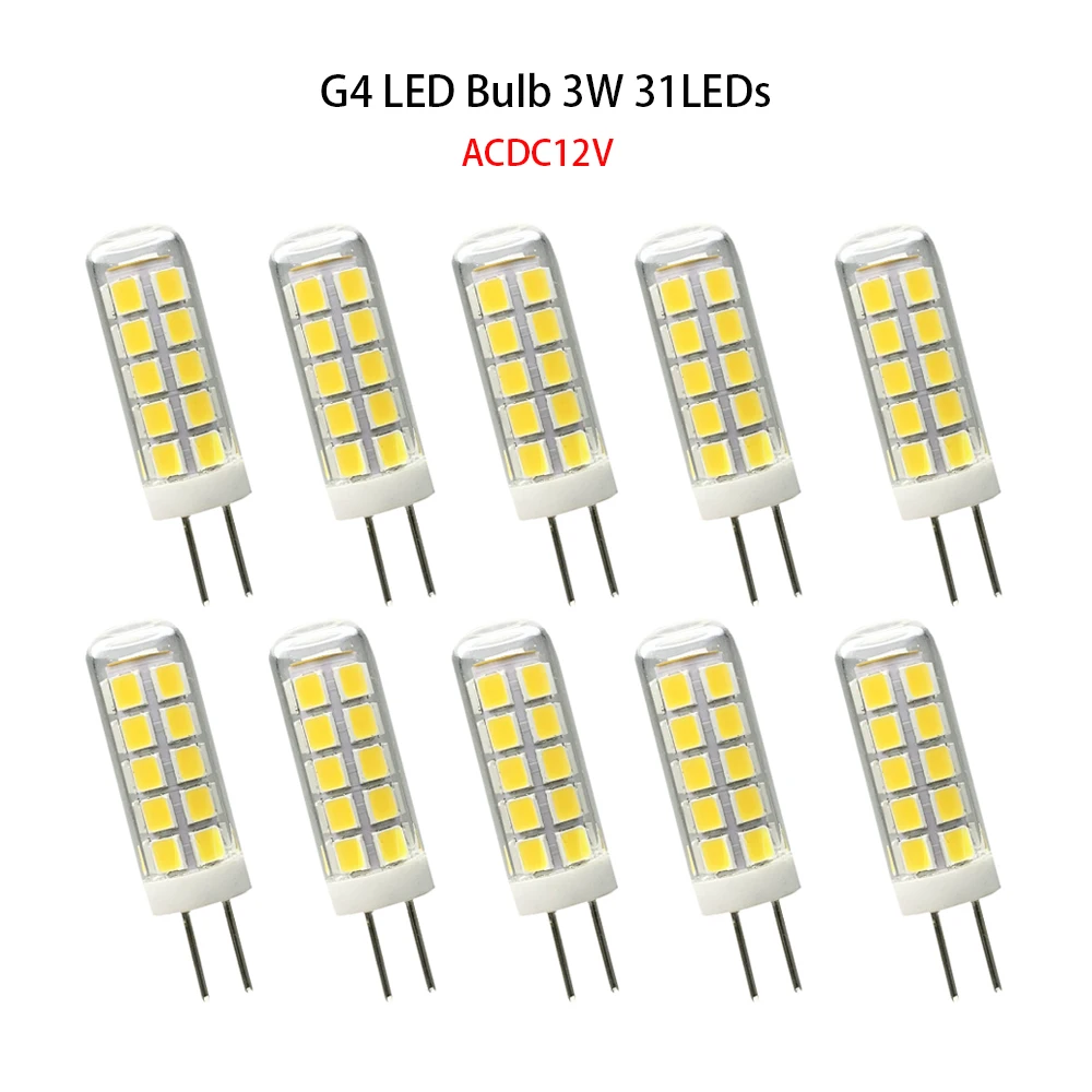 

10pcs G4 Led Bulb 3W 31LEDs Mini Super Bright Ceramic Corn Light ACDC12V 2835 SMD Spotlight Chandelier Replace 30w Halogen Lamp