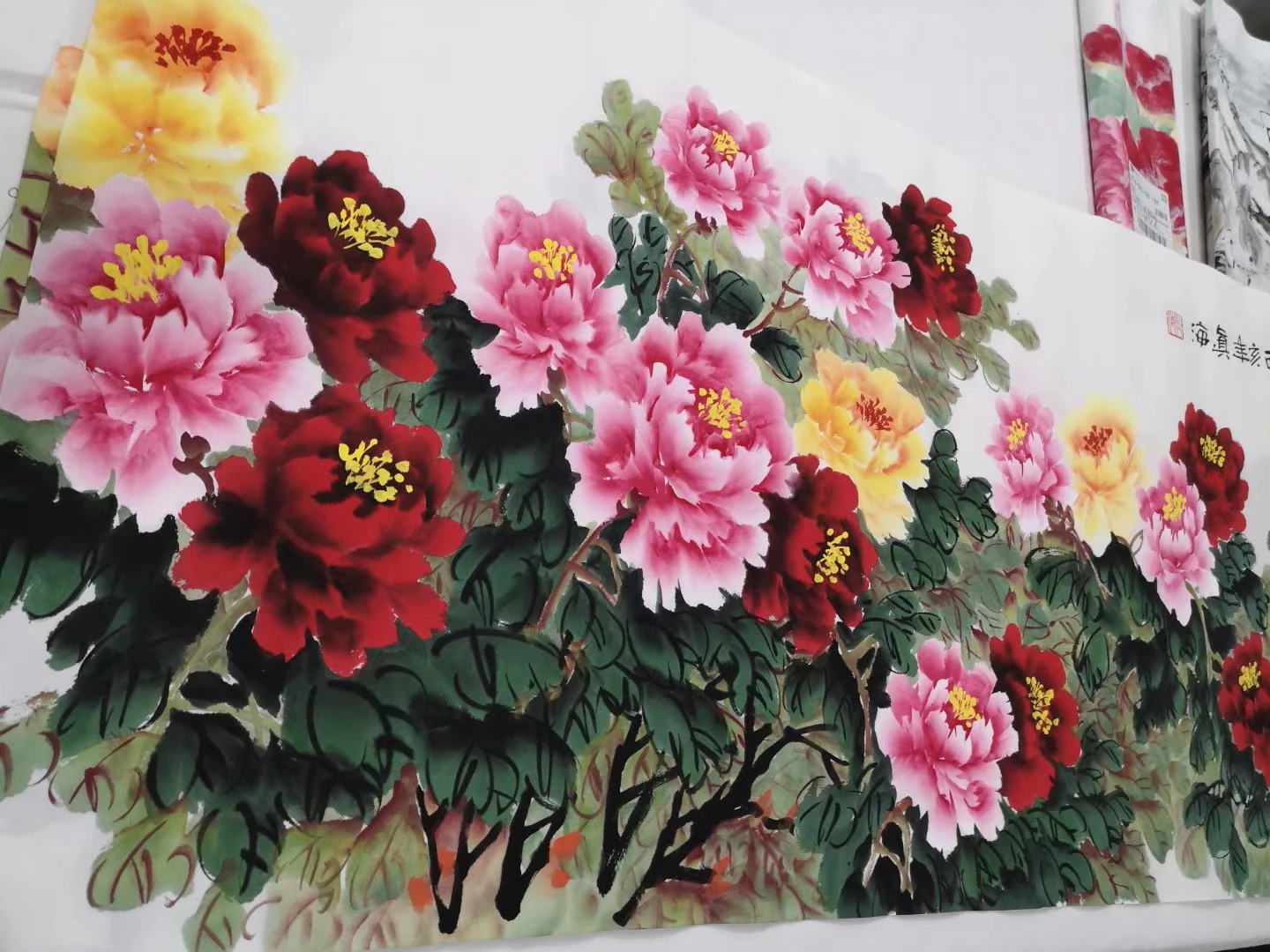 

4PCS # LARGE # HOME COMPANY HALL LOBBY VESTIBULE WALL TOP DECORATIVE ART RICH PEONY FLOWERS FENG SHUI 100% HAND PAINTED PAINTING