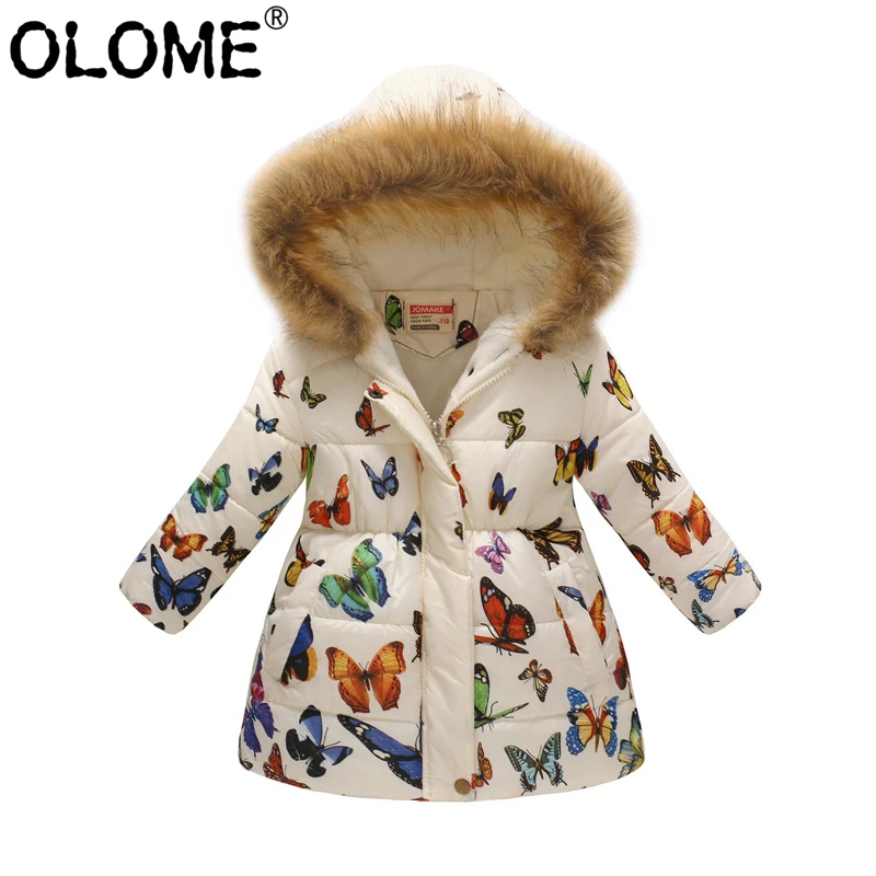 Модная куртка пуховик OLOME для девочек зимнее Детское пальто с меховым капюшоном