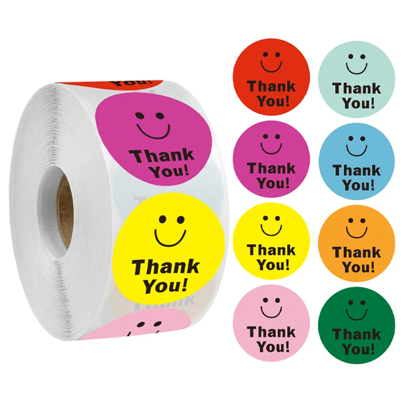 

Custom 500 sheets / roll 8 colors cute smiling face sticker thank you for decorative stickers teacher children cartoon label