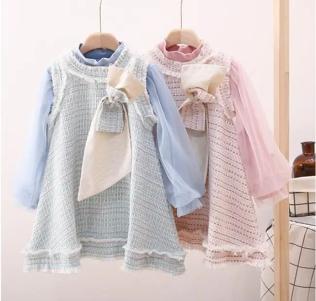 Хлопковая футболка с длинным рукавом и платье жилет бантом для девочек|Комплекты