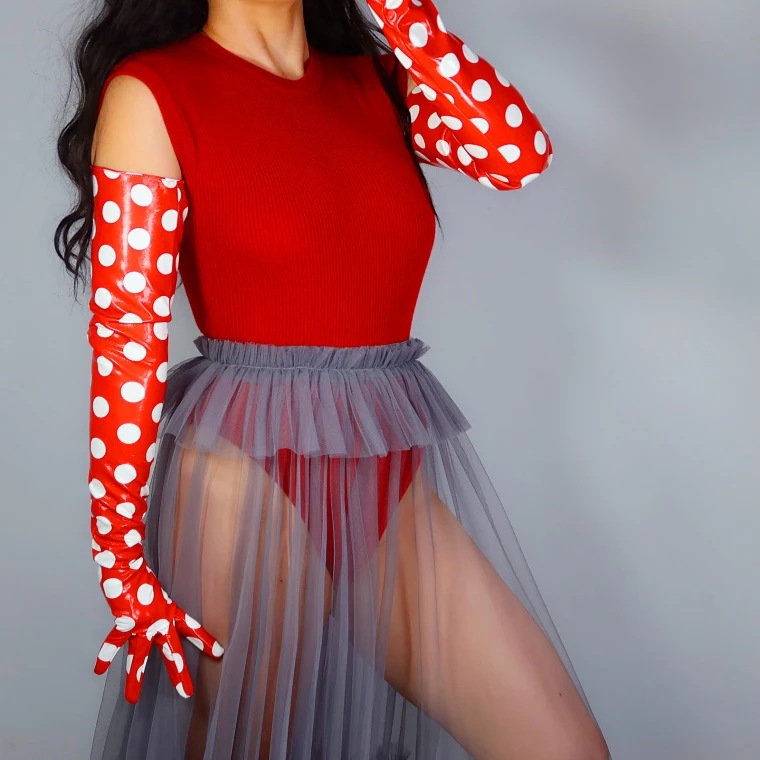 

Women's runway fashion dot print PU leather glove lady's club performance party leather long slim glove 70cm R3251