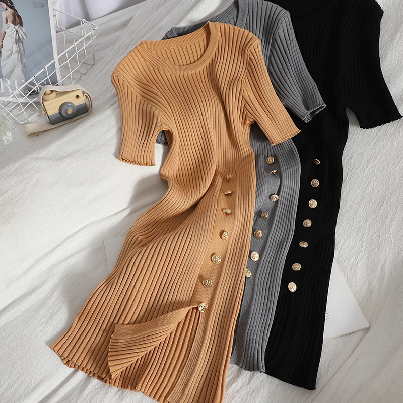 

Женское трикотажное платье, однобортное эластичное платье с коротким рукавом и разрезом, весна-лето